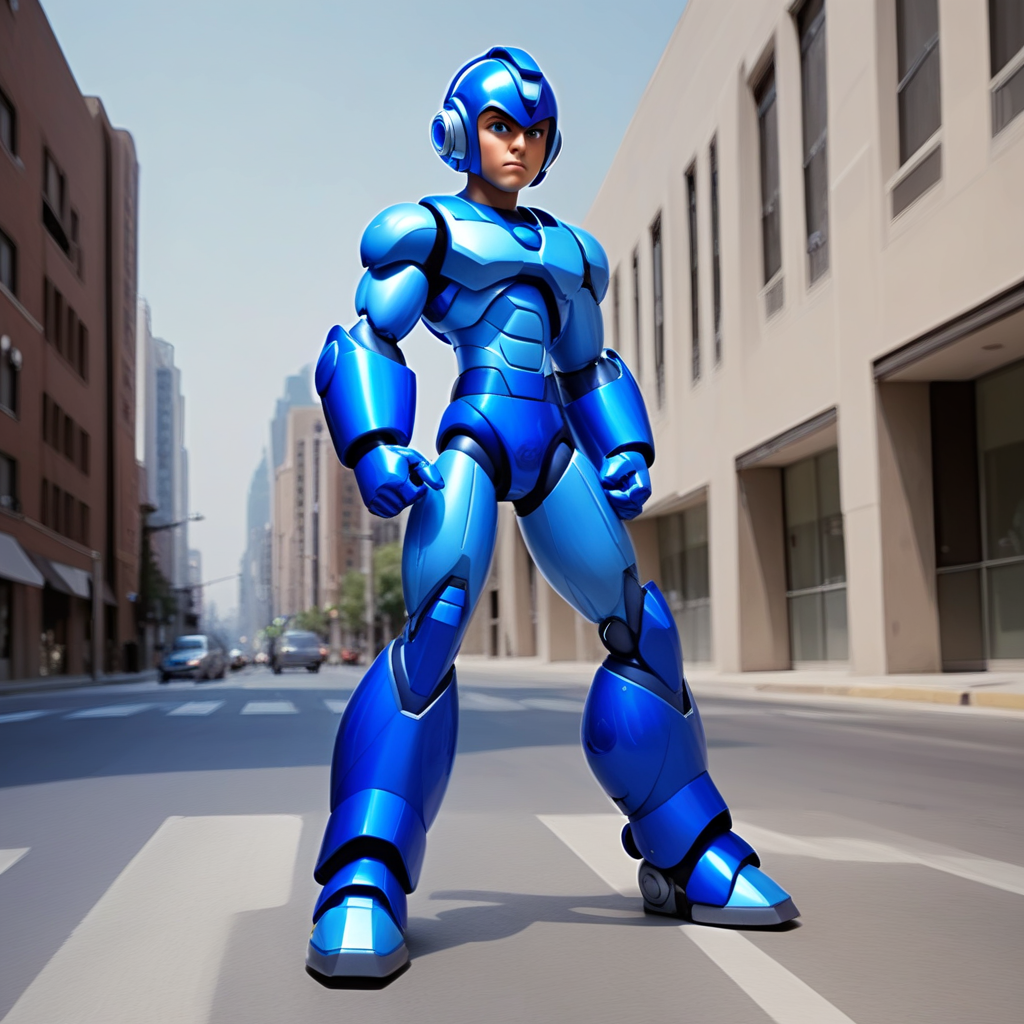 megaman, kneeling on a street, street level, blue robot, 3d++, smooth, high details, masterpiece, 4k, (handsome teen face), (realistic face:1.5), (high detailed face:1.5), (high detailed eyes:1.5), (serious), (focused)