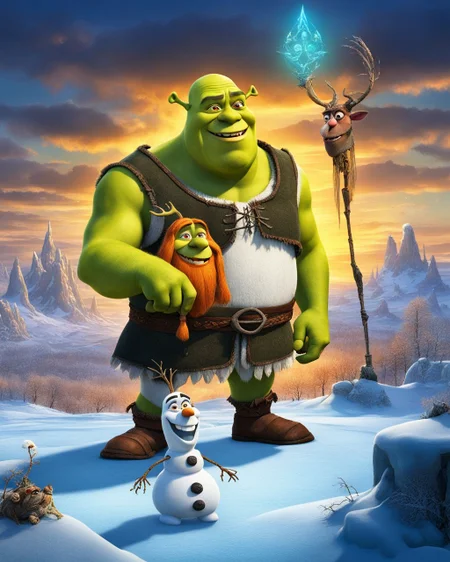 Shrek and Olaf on a frozen field but the old gods are rising <lora:Old_gods_rising_SDXL:0.8>