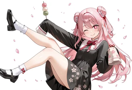 lazypos, girl focus, 1girl, one eye closed, food, dress, flower, hair ornament, red eyes, white background, white socks, solo, smile, double bun, black footwear, long hair, socks, shoes, hair bun, sleeves past fingers, looking at viewer, pink hair, hair flower, closed mouth, sleeves past wrists, holding, black dress, floral print, wagashi, simple background, long sleeves, cherry blossoms, two side up, dango, symbol-shaped pupils, blush, bow, bowtie, flower-shaped pupils, petals
