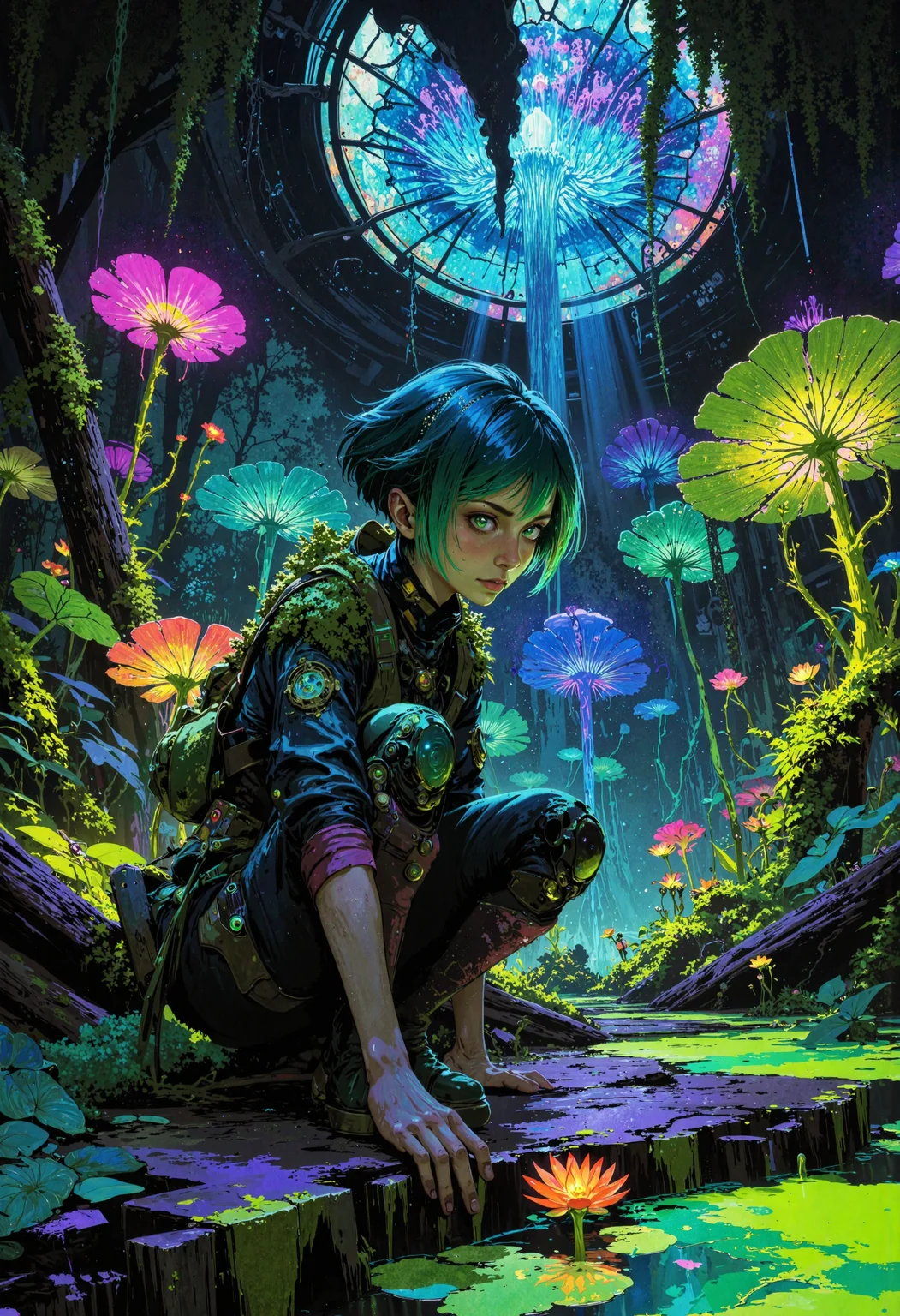 masterpiece, high-quality, solarpunk bioluminescent mural, A botanist in a moss-covered jumpsuit kneels in an overgrown greenhouse, her cropped emerald hair glowing faintly under symbiotic fungal growths. The wide-angle view bursts with hyperdetailed neon floraâvivid coral-shaped trees, glowing lotus pads, and vines pulsing with liquid light. Sunbeams filter through stained-glass solar panels, casting prismatic ripples on her face and the humming, algae-filled canals below. Brushstrokes mimic organic swirls, blending biotech and nature into a utopian tapestry of renewal, <lora:FLUX\FLUX-daubrez-DB4RZ:0.3> <lora:FLUX\Anime v1.3:0.5> <lora:FLUX\DarksunRiddV4:0.6> <lora:FLUX\ArcaneFGTNR:0.5>