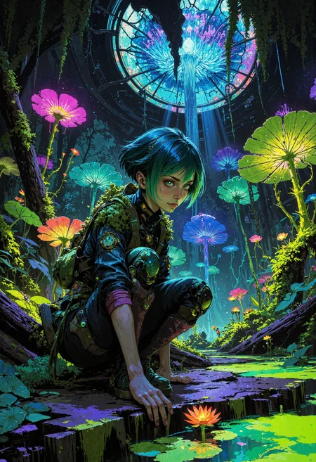 masterpiece, high-quality, solarpunk bioluminescent mural, A botanist in a moss-covered jumpsuit kneels in an overgrown greenhouse, her cropped emerald hair glowing faintly under symbiotic fungal growths. The wide-angle view bursts with hyperdetailed neon floraâvivid coral-shaped trees, glowing lotus pads, and vines pulsing with liquid light. Sunbeams filter through stained-glass solar panels, casting prismatic ripples on her face and the humming, algae-filled canals below. Brushstrokes mimic organic swirls, blending biotech and nature into a utopian tapestry of renewal, <lora:FLUX\FLUX-daubrez-DB4RZ:0.3> <lora:FLUX\Anime v1.3:0.5> <lora:FLUX\DarksunRiddV4:0.6> <lora:FLUX\ArcaneFGTNR:0.5>