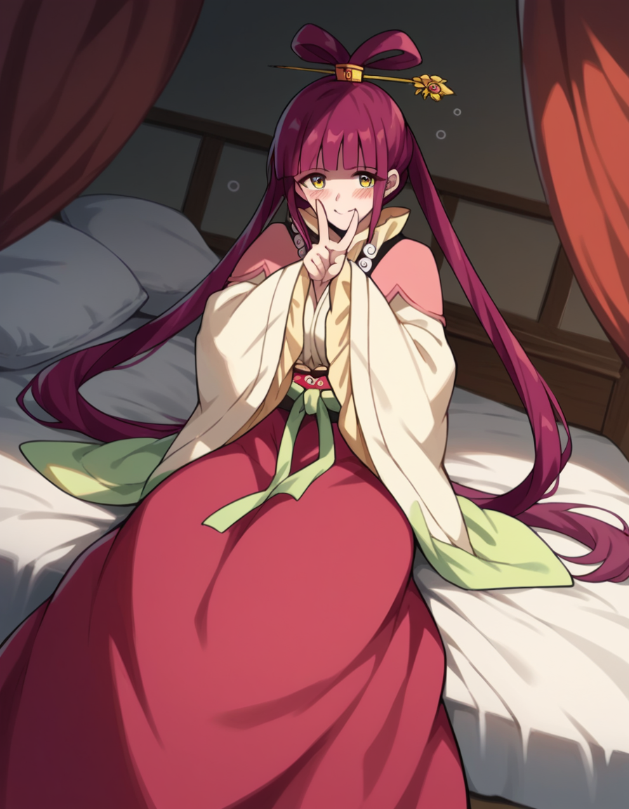 score_9, score_8_up, score_7_up, source_anime, <lora:kougyoku-ren-s1-ponyxl-lora-nochekaiser:1>, kougyoku ren, long hair, red hair, hair rings, twintails, bangs, blunt bangs, orange eyes, medium breasts,, shawl, dress, wide sleeves, long sleeves, sash, long skirt,, indoors, bed, bed room, on side, blush, drunk,, smile, v, v over eyes,, looking at viewer, solo,, dutch angle, cowboy shot