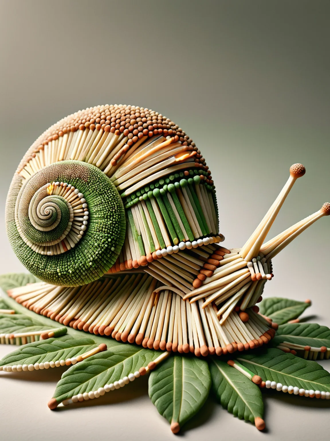 A snail made of ais-matches, sliding along a green leaf <lora:Matches_Style_SDXL:1>