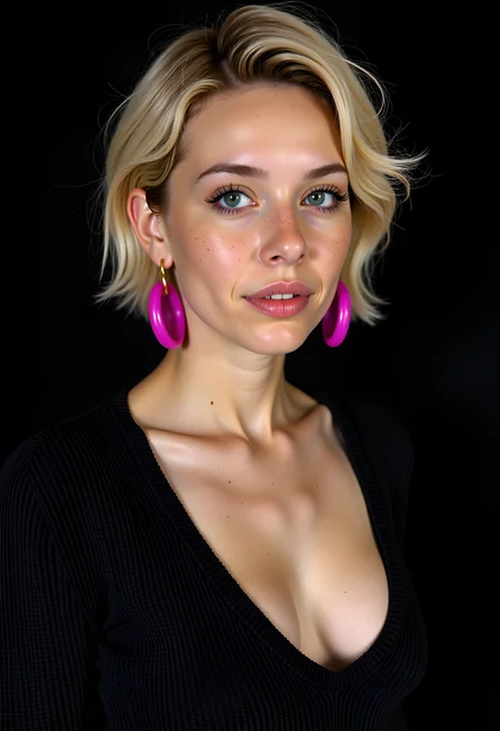 Professional studio quality beauty shot at a (simple black background) with magic lighting.  Breathtaking portrait of beautiful owkx woman lovely presenting her sweet cleavage wearing a sexy low-cut black sweater.  blonde messy hair hairstyle. lipstick, eye shadow, freckles, big kinky magenta plastic earrings., <lora:flux_model_mandy_fictional_owkx woman_2300:0.6>, , , , ,