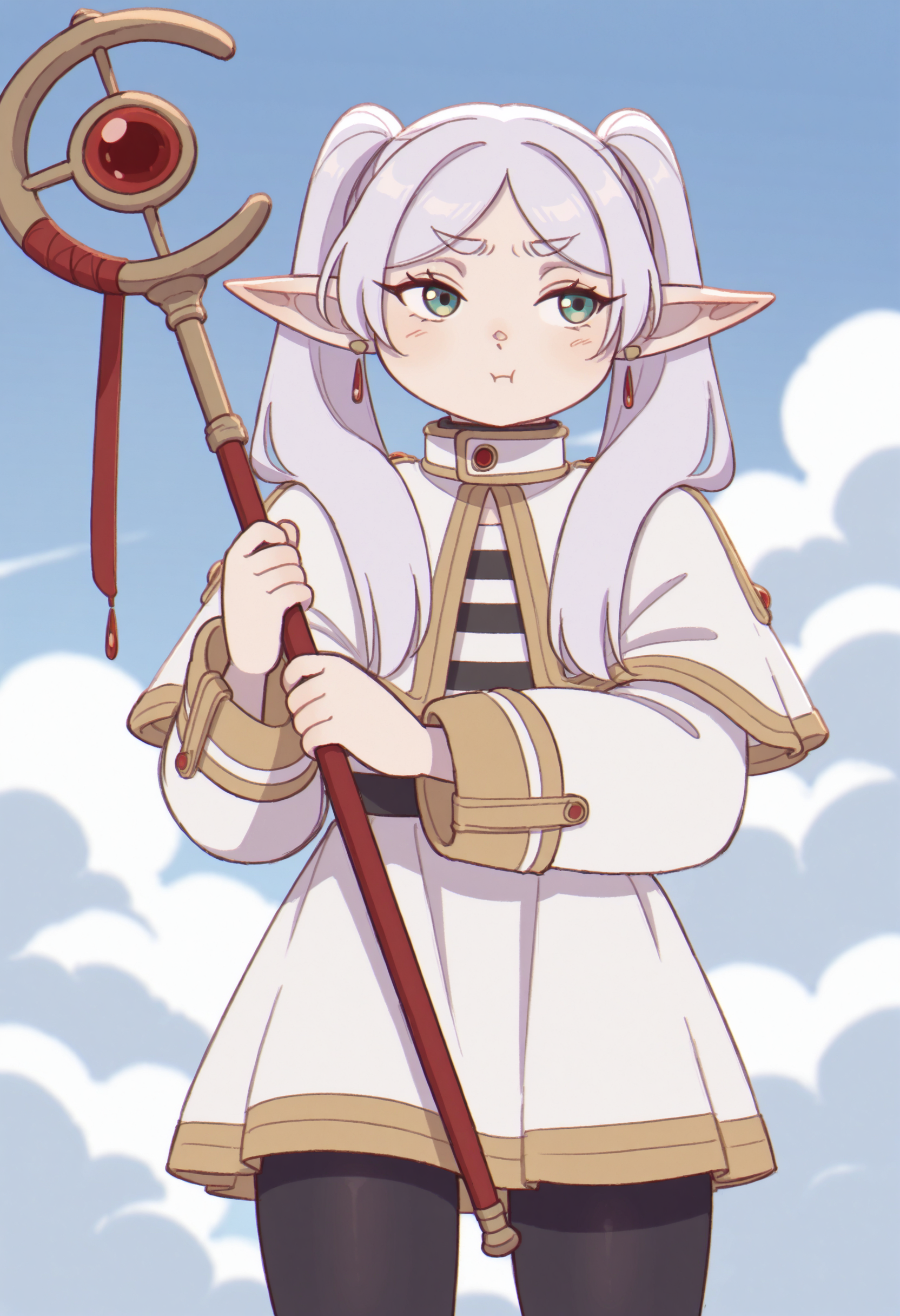 masterpiece, best quality, high resolution,
solo,  1girl, zzFrieren, long hair, twintails, green eyes, grey hair, pointy ears, elf, shirt, long sleeves, jewelry, earrings, striped, capelet, striped shirt, white skirt, black pantyhose, holding staff, pout,cloud, 
, <lora:NOOB_EPSv1_1_detailer_by_vlnvk_v0_5:1>, <lora:cudlil:.6> cudlil , <lora:FrierenIXL:.9>