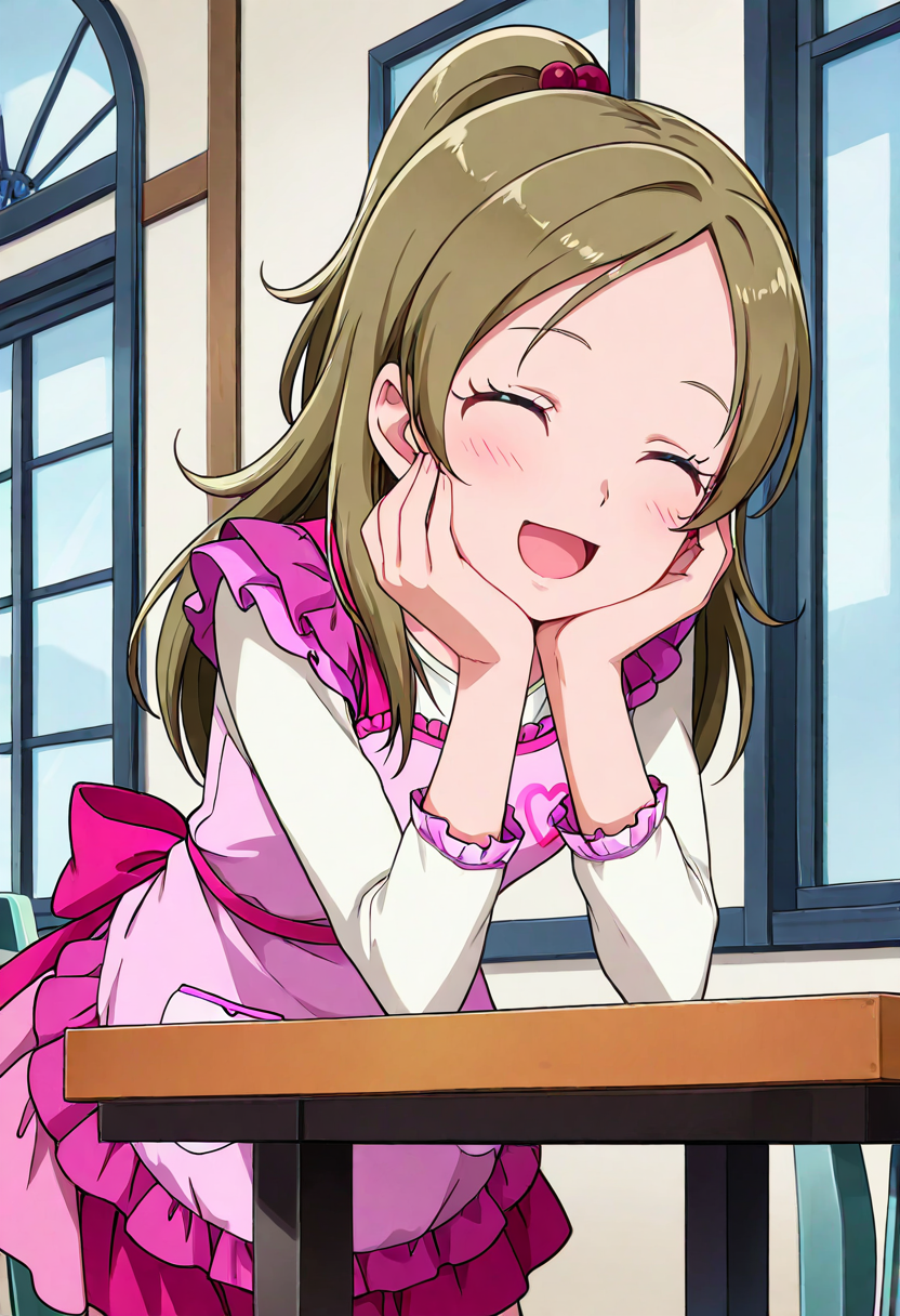 masterpiece, best quality, absurdres, very aesthetic, general,
minamino kanade, casual, 1girl, solo, closed eyes, long hair, half updo, smile, open mouth, brown hair, own hands together, eyelashes, blush, chair, blonde hair, hair ornament, ponytail, hair bobbles, :d, happy, own hands clasped, frills, pink skirt, miniskirt, table, window, white shirt, hand on own face, pink apron, hands on own face, standing, long sleeves, ^ ^, head rest, heart print, indoors, hand on own cheek, hands on own cheeks, frilled apron, back bow, anime coloring, 
 <lora:cure_rhythm_minamino_kanade_illustXL_locon_v1:0.7>