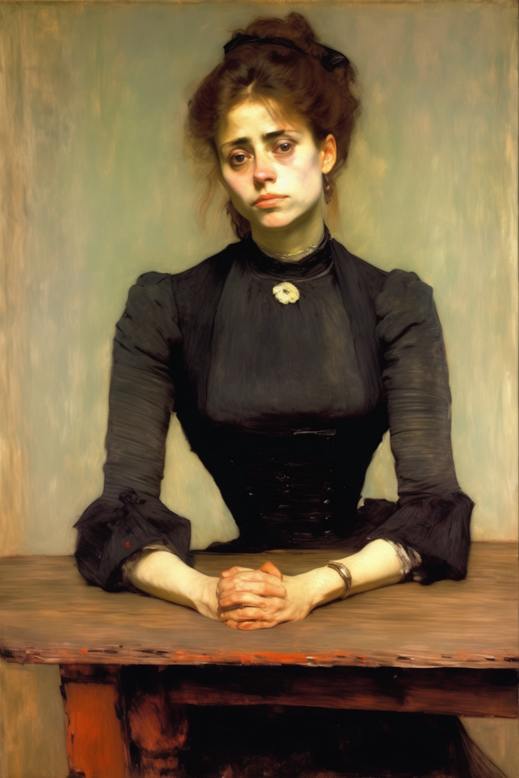 <lora:William Merritt Chase Style:1>William Merritt Chase Style - a woman with folded arms leaning on a table looking straight ahead painted like Ilya repin