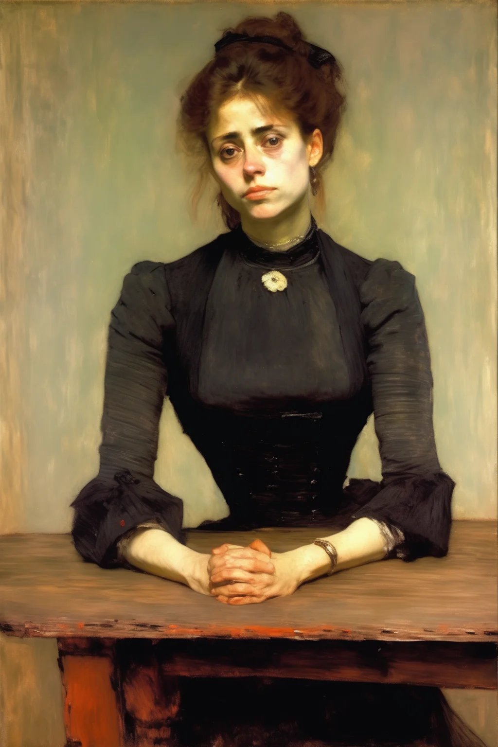 <lora:William Merritt Chase Style:1>William Merritt Chase Style - a woman with folded arms leaning on a table looking straight ahead painted like Ilya repin