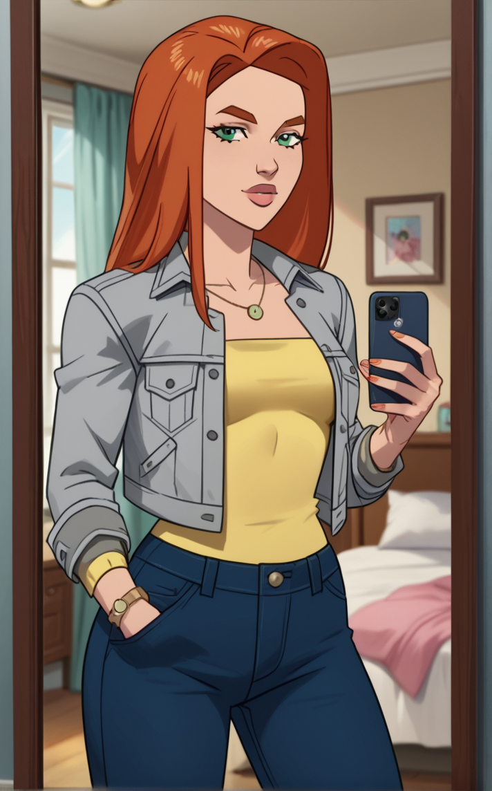 score_9, score_8_up, score_7_up, absurdres,an image of a person taking a picture of themselves in a mirror with a cell phone in front of them, looking at viewer, indoors, bedroom, curtains, full-length mirror, blurry background, depth of field,  <lora:PONYXL_Invincible_AtomEve_ownwaifu:1>, BREAK GreyJacketYellowShirt_AtomEve_ownwaifu, 1girl, orange hair, shiny hair, straight hair, eyelashes, green eyes, long hair, nose, thick eyebrows, thick lips, jewelry, necklace, yellow shirt, grey jacket, jeans, blue pants, denim, open jacket, denim jacket, pocket, long sleeves, breasts,      <lora:add-detail-xl:0.15>,