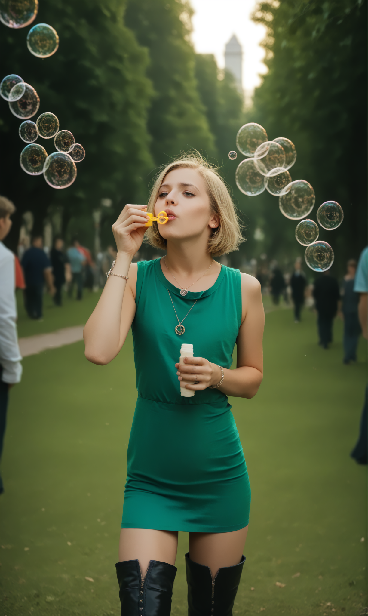 score_9, score_8_up, score_7_up,  blobub, (slim girl) in green short dress blowing bubbles in a crowded park. necklace , thigh high boots, short blonde hair   
 <lora:BlowBubblesPony:1>