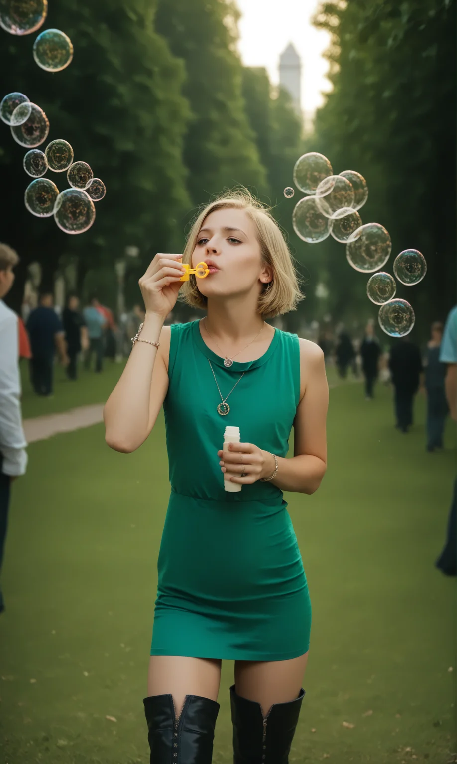 score_9, score_8_up, score_7_up, blobub, (slim girl) in green short dress blowing bubbles in a crowded park. necklace , thigh high boots, short blonde hair
<lora:BlowBubblesPony:1>