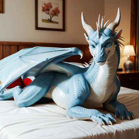 score_9, score_8_up, score_7_up, score_6_up, score_5_up, score_4_up, masterpiece, high quality, realistic, detailed, best quality, white bed, solo, rating_safe, source_furry, bedroom, serious look, handsome, ((looking at viewer)), lying on belly, feral, detailed eyes, detailed face, Icewing, icewing spikes, white scales, dragon, horns, claws, wings, tail, Wint3r, male, 1boy, blue eyes
