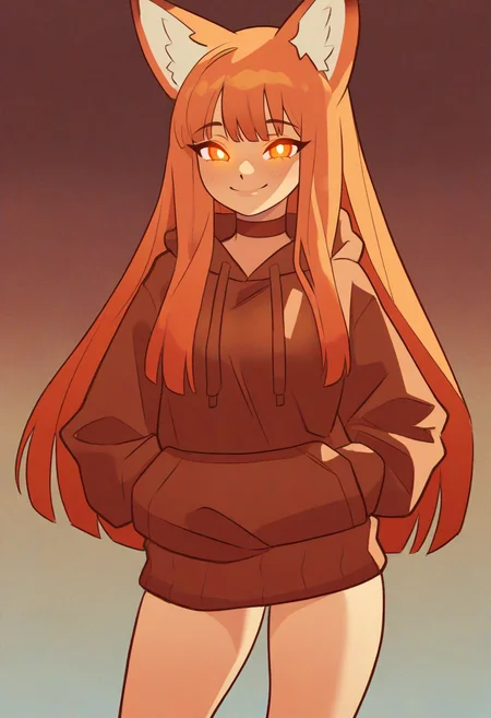 masterpiece, best quality, absurdres, KLMSP Style,
1girl, solo, fox girl, orange hair, long hair, straight hair, choppy bangs, orange eyes, glowing eyes, burgundy hoodie, mahogany choker, no pants,,
looking at viewer, smile,
<lora:KLMSP-IL:0.7>