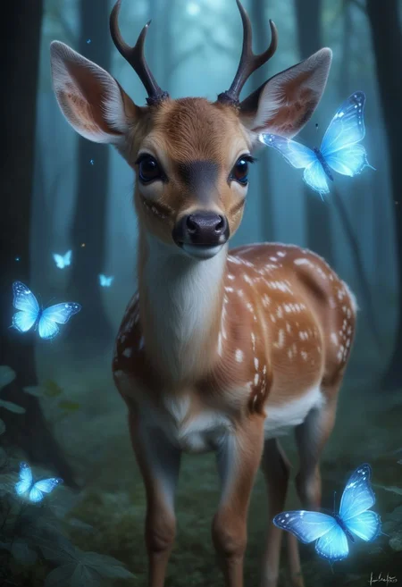 <lora:PonySpiritAnimals:1> Spirit animal, score_9, score_8_up, score_7_up, score_6_up, score_5_up, score_4_up, ethereal ghost baby deer, adorable, cartoon character, glowing blue eyes, glowing butterflies, night time fantasy forest, realistic, extremely detailed, no humans