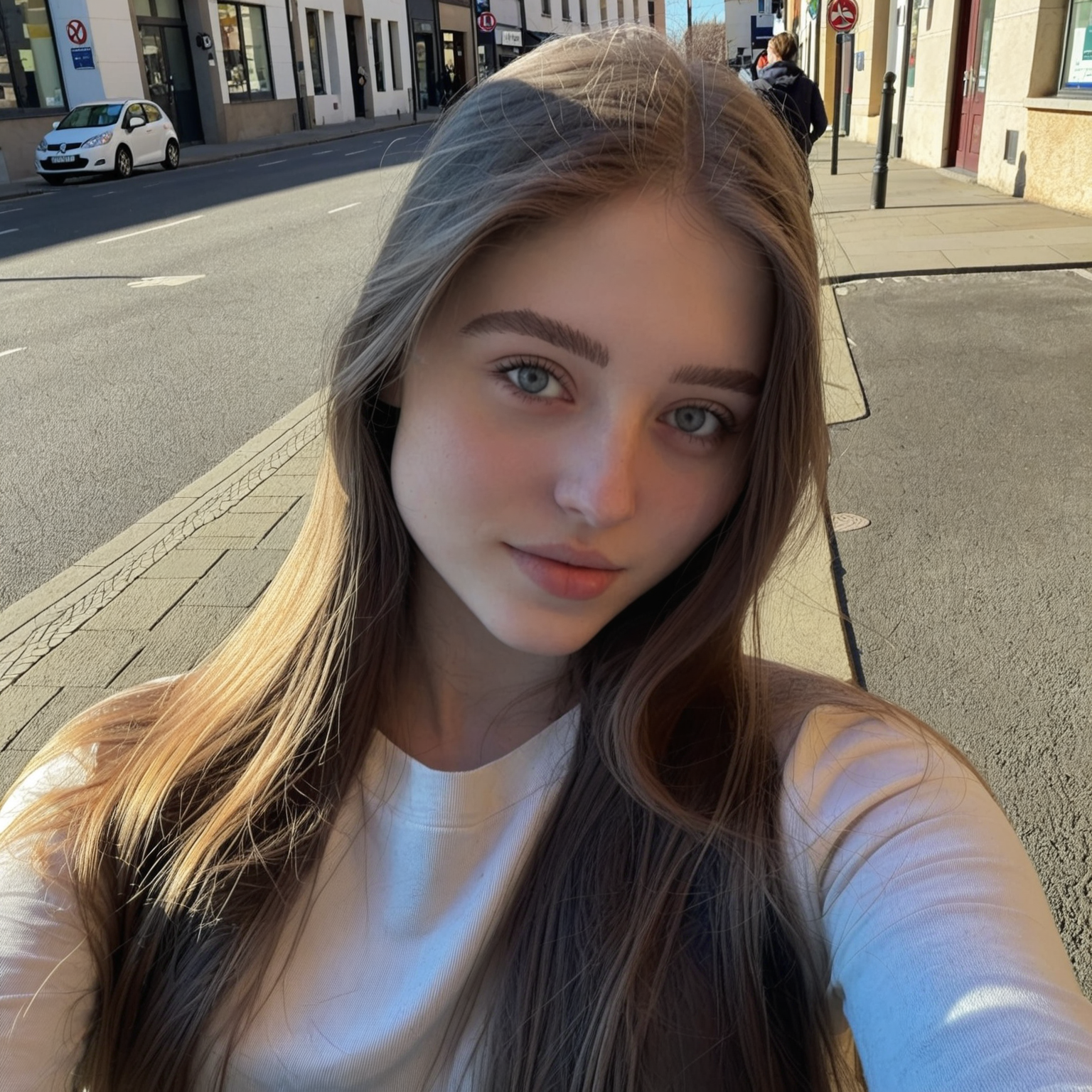 <lora:NoobV065sHyperDmd:1> <lora:babich:1>  selfie, spring clothes, long hair, dark deep blue eyes, soft sunlight, candid street photo, minimal editing, realistic colors,
