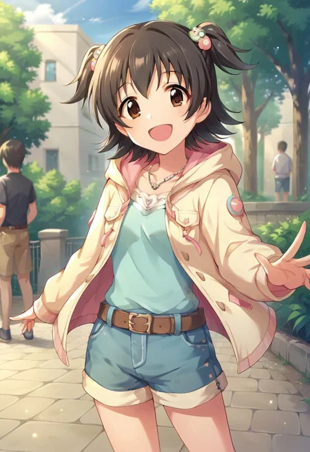 score_9, score_8_up, score_7_up, source_anime,akagi miria, short hair, black hair, brown eyes, two side up, 1girl,solo, shorts, smile, solo focus, belt, open mouth, hood, hair ornament, jewelry, outdoors