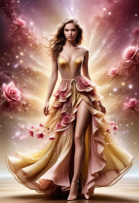 A beautiful intricate hyperdetailed CRYSTAL ornate flower filigree made of rose and pink and gold, on a stem, deep red liquid dripping from its petals, there are galactic patterns inside of the flower, slimy, intricate hyperdetailed yellow shades, A princess-style dress as envisioned by Elie Saab, awash with an ethereal glow from a pink sparkle lightning bolt design, festooned with ruffles and stars, glistening with every movement, creating an ambience of dreamy elegance, enhanced by the delicate interplay of lovely yellow and rose tones and the intricate embroidery of ambient flowers, stunning in its cuteness, sheer elegance, and resplendent in its sh, with pink bows, vintage, aesthetic, lovely, good atonomy