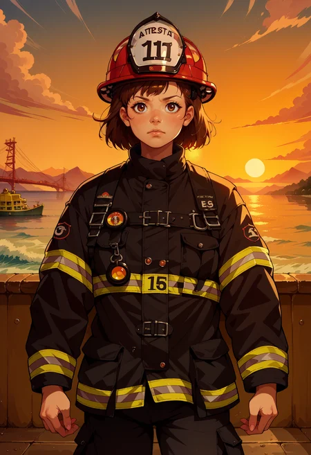 score_9, score_8_up,score_7_up, source_anime, detailed background, absurdres, looking at viewer, 1girl, solo, <lora:EPguTakayaNoriko_epoch_6:1> , EPguTakayaNoriko, brown hair, brown eyes, short hair,
background, cowboy shot, EPFireFighter, <lora:EPFireFighterPony:1.0>, wearing EPFireFighter, jacket, black jacket, pants, black pants, harness, helmet, red headwear,sunset, bridge, ocean, water, building, mountainous horizon,