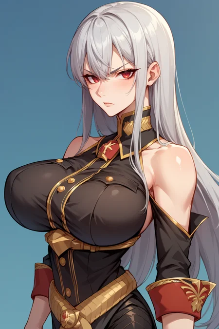 score_9, score_8_up, score_7_up, score_6_up, source_anime, BREAK 1girl, <lora:selvaria-pdxl-nvwls-v1-000005:1> selvaria, very long hair, black shirt, bare shoulders, belt, black leggings, detached sleeves, black gloves, large breasts, simple background, gradient background, looking at you, serious, blue background