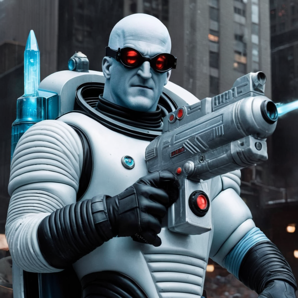 Hyperrealistic art of  <lora:Mr. Freeze:1.2>
Mr. Freeze a man in a space suit holding an ice gun In Gotham City, Extremely high-resolution details, photographic, realism pushed to extreme, fine texture, incredibly lifelike