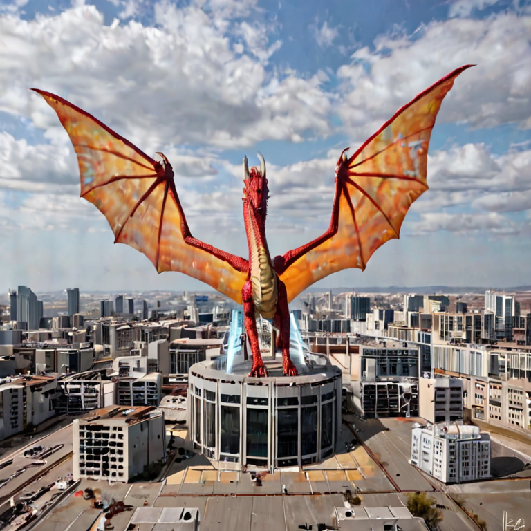 Dragon-like creature with holographic wings soaring above a dystopian wasteland
A fearsome, mythical beast infused with advanced technology, hovering over a ruined city with glowing, futuristic architecture in the background.