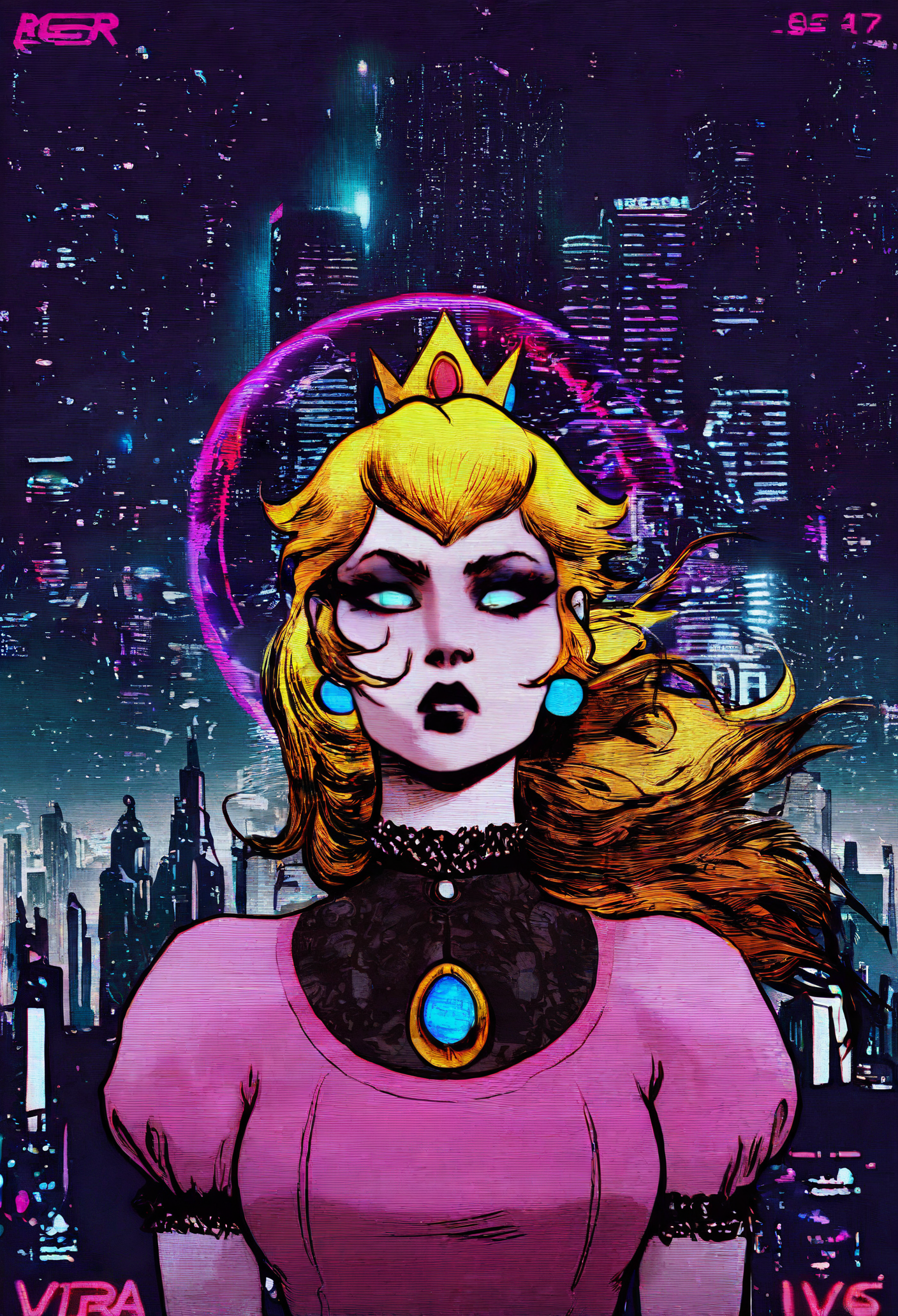 masterpiece, best quality, absurdres, <lora:ArielZuckerBrull-guy90-Illust-Lycorisv1:1>, rbuzra, vhs artifacts, princess peach, goth fashion, science fiction, city, blonde hair, 1girl, solo