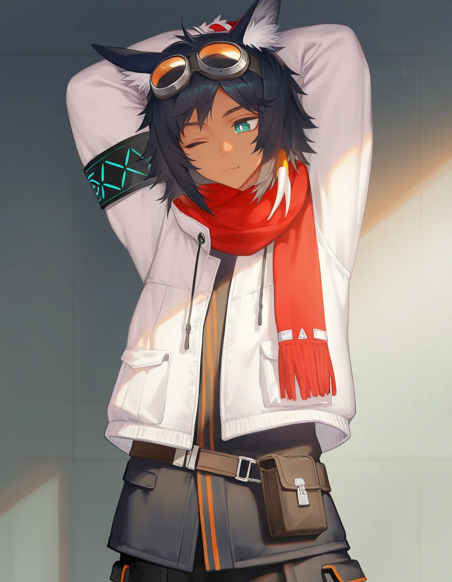 1boy, solo, courier \(arknights\), courierelit1, mature male, deer ears, animal ear fluff, medium hair, dark hair, aqua eyes, bright pupils, tooth hair ornament, tanned skin, skin fang, yyb, penguin frontier, (krenz, quuni, mebaru:0.8), nyalia, bedroom, stretching, hand up, arm up, arms behind head, one eye closed, looking down, looking away, pout, red scarf, fringe trim, goggles on head, orange goggles, welding goggles, red gloves, fingerless gloves, pocket, white jacket, unzipped, long sleeves, fur-trimmed sleeves, orange sleeve cuffs, single armband, drawstring, (black track suit:1.3), crossed belt, utility belt, baggy pants, long pants, black pants, orange trim, perfect face, perfect eyes, masterpiece, best quality, newest, absurdres, highres, uncensored, <lora:nyalia:0.4>, <lora:DetailedEyes_xl_V2:1>, <lora:add-detail-xl:2>, <lora:CourierArknights E1 2.0:0.8>,