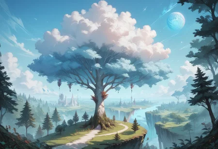 (score_9), (score_8_up), (score_7_up), (Cell Shading), (source_anime)+, (masterpiece), best quality, tree, bioluminescent trees, floating islands, fantasy aesthetic, misty atmosphere, surreal sky, style-sylvamagic, white void