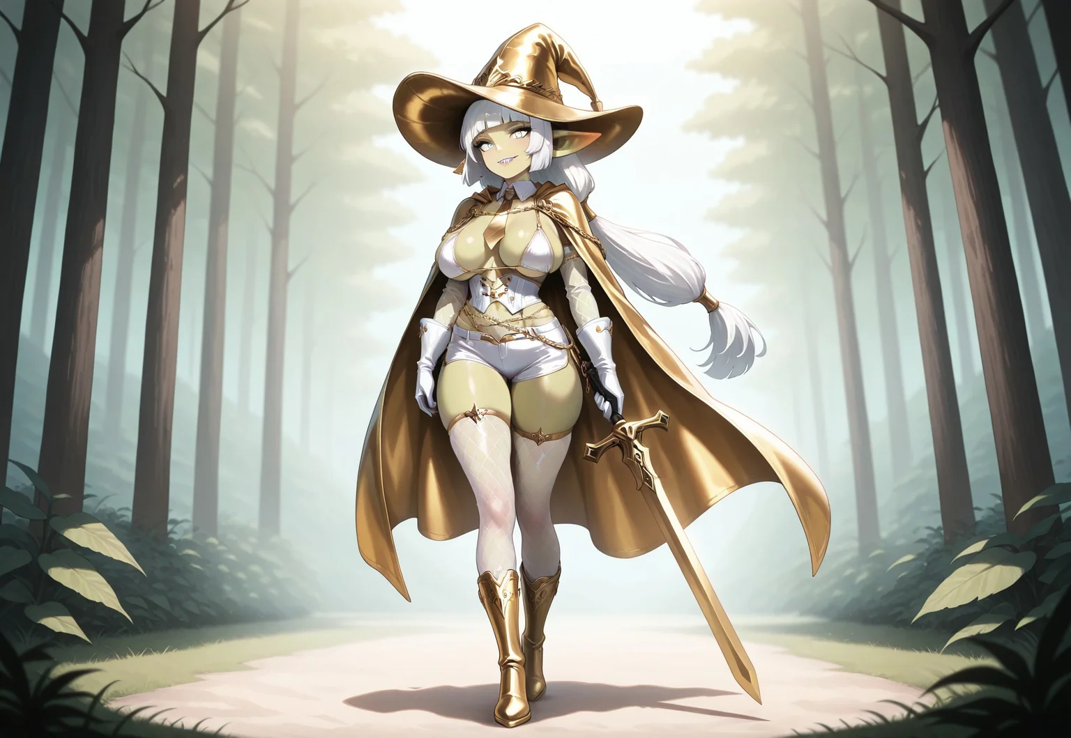 masterpiece, best quality, newest, absurdres, very aesthetic,solo,1 girl,goblin,goblin girl,green skin,white hair,white eyes,white lips,hime_cut, low_ponytail,white lipstick,golden chain,golden boots,golden cape,golden necktie,white fishnets sleeves, white fishnets stockings,white bikini,white cargoshorts,golden chain on shorts, white leather gloves,white sharp teeth,large breasts,(sixpack:1.2),standing in a fantasy forrest,long ears,holding a golden sword,Scorpion hat