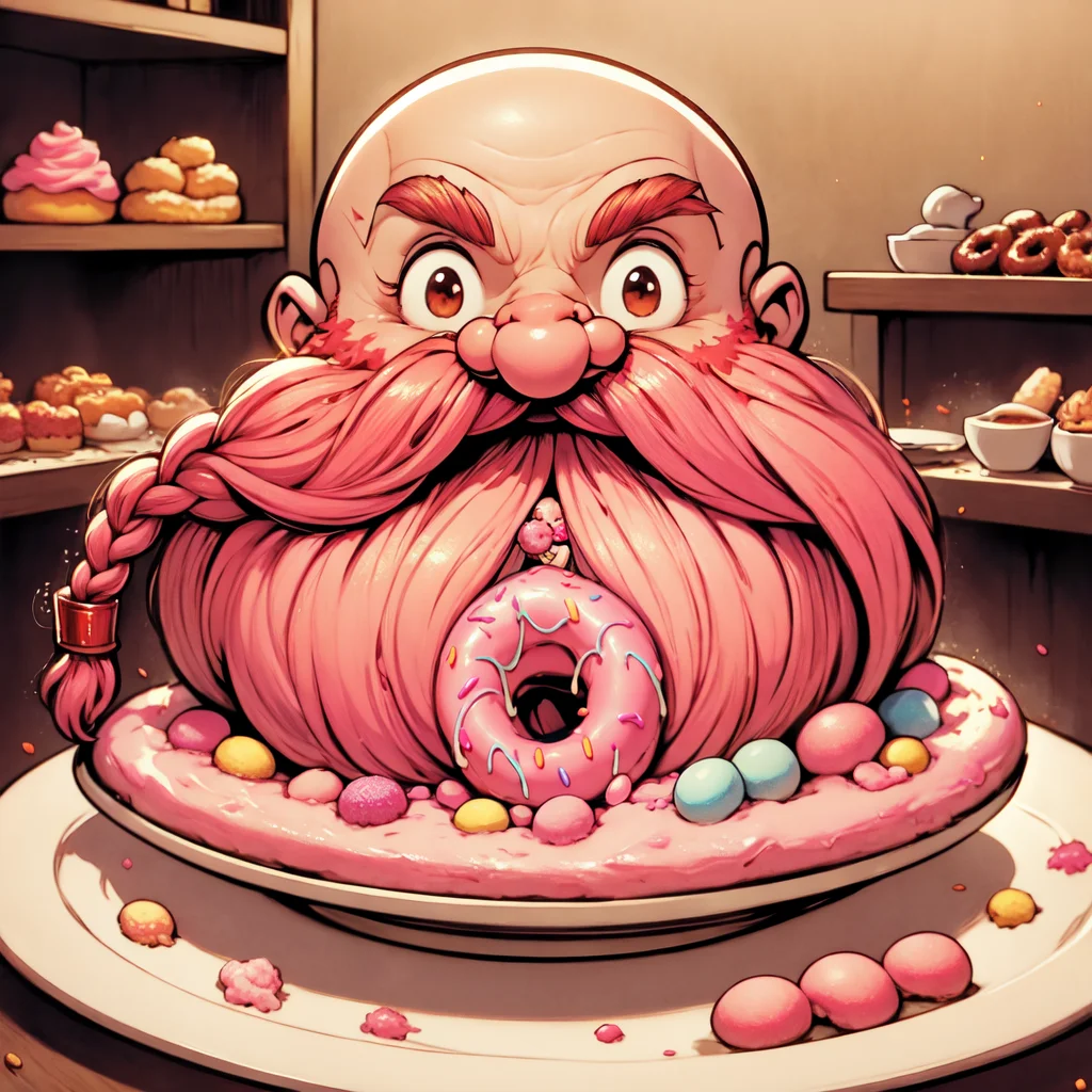 <lora:Harry_Dwarf_SD1.5:1>, Studio Ghibli, cartoon style, magical, Harry_Dwarf, as a donut, flowing long pink beard, braided moustache,bald, bangles,beautiful lighting, (rainbow sprinkles),covered in pink frosting, donut, donut shape,laying on a plate, big cup of coffee, coffee shop, piece cut out of donut, fork and knife, eaten donut, (bite mark:1.5)