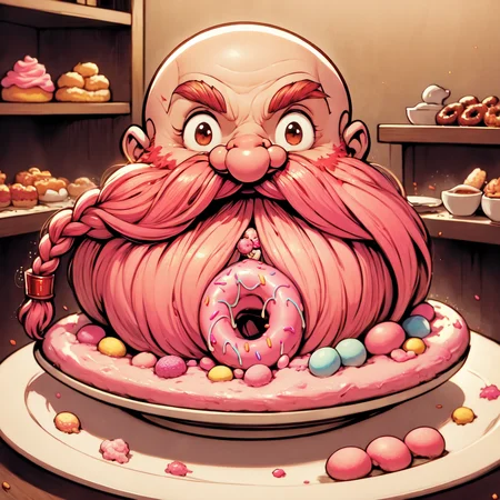<lora:Harry_Dwarf_SD1.5:1>, Studio Ghibli, cartoon style, magical, Harry_Dwarf, as a donut, flowing long pink beard, braided moustache,bald, bangles,beautiful lighting, (rainbow sprinkles),covered in pink frosting, donut, donut shape,laying on a plate, big cup of coffee, coffee shop, piece cut out of donut, fork and knife, eaten donut, (bite mark:1.5)