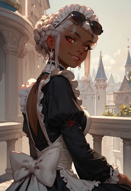 score_9, score_8_up, score_7_up, masterpiece,best quality, highly detailed, score_6_up, 1girl,  cute face, braid hairstyle，maid，white hair female，brown skin female，long hair，red eyes，little round sunglasses on female head，naughty smile，look back，20 year girl，cute，sitting on tall building roof，twilight