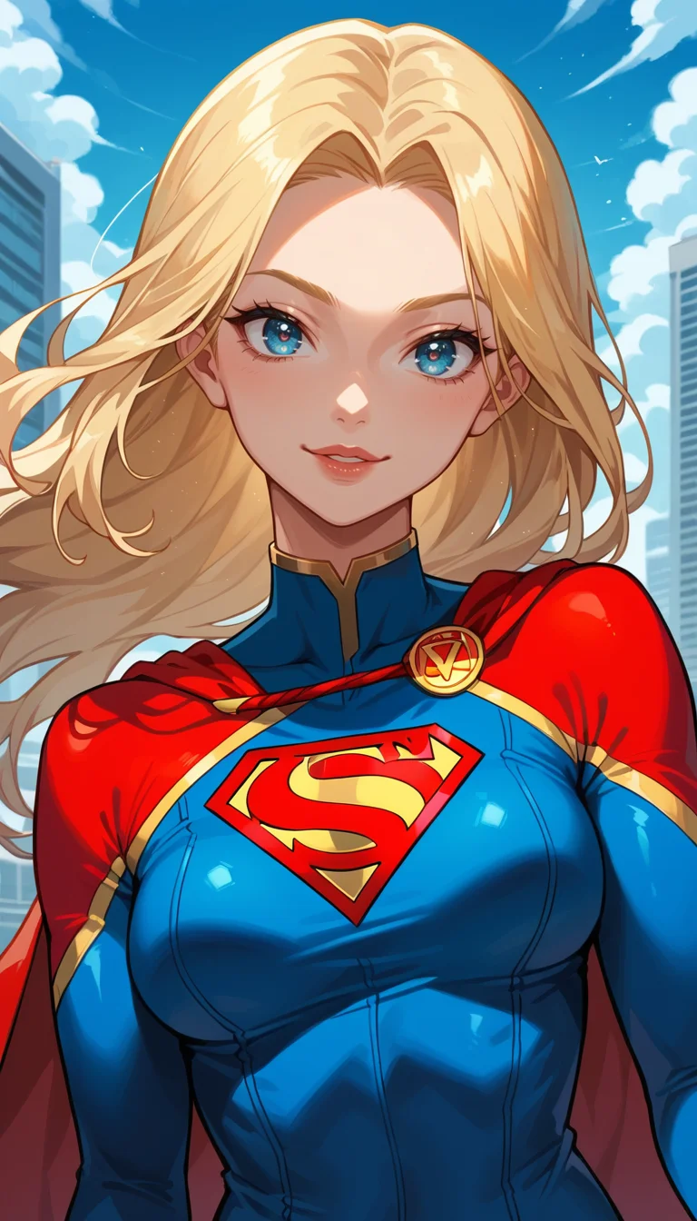 score_9, score_8_up, score_7_up, Anime Style, Portrait, Supergirl, cute, seductive, innocent, light smile:0.3, plump lips, slender body, blonde long hair, in high detailed Supergirl suit, red cape, gold ornate, gold embedded, floating above the skyscrapers, in dynamic pose, city skylines Background, depth of field, dynamic angle, fashion photography, sharp, hyperdetailed:1.15