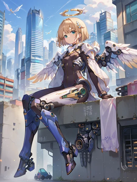 score_9, score_8_up, score_7_up,source_anime,
mechagirl02,
solo,mecha musume, 1girl, bodysuit,mechanical boots, mechanical parts, angel wings,
light particles,engine, valtava, sitting on building,
city,
<lora:roboko-000015:0.7>