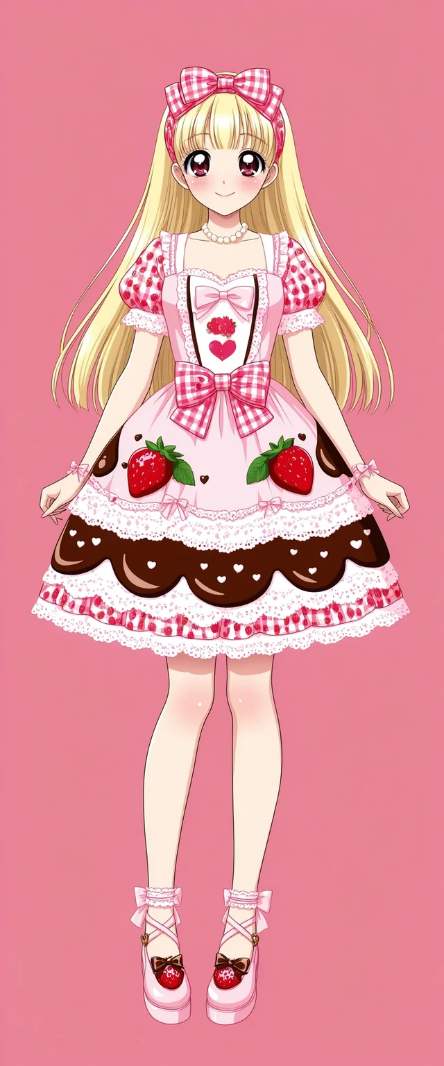 (fullbody, front facing, facing viewer) 1girl, (lolita_fashion), long hair, blonde hair, straight hair, side part, big eyes, blush, closed mouth smile, sweet_lolita, strawberry print lolita_dress, (pink and chocolate color scheme), pink dress, shiny fabric, strawberry print, heart print, bow print, checkered print, chocolate print, frilly hem, white lace hem, lace trim, layered skirt, satin bow, pink waist bow, (square neckline), lace-trimmed sleeves, puff sleeves, (pearl necklace, necklace), pink headband, ribbon headband, rose motif headband, lolita_headband, ribbon, bow, hair ribbon, (pink shoes, ankle strap shoes), cross-strap shoes, frilly, cutesy, candy-themed fashion, chocolate motif, strawberry motif, girly, sweet fashion, vintage doll aesthetic, <lora:19a618b0-9c60-490e-984c-201466b5ed8f:0.7>, <lora:d10e6385-a080-4735-a8cf-9b683731baca:0.7>, <lora:8f398b58-2a62-47d0-8ddf-536c77de0d9c:0.6>, <lora:7fa89c10-5601-4ced-9e6d-e50019f5aa4b:0.5>, <lora:ab19ebf7-99b5-4dc4-8f50-e9330005ed10:0.4>, <lora:e485f886-377e-4727-92e3-947262a0784f:0.3>, <lora:ec98a5c1-8fae-42a7-ade0-cd20988d5e84:0.3>, <lora:more_details:0.7>, , , , , , , ,
