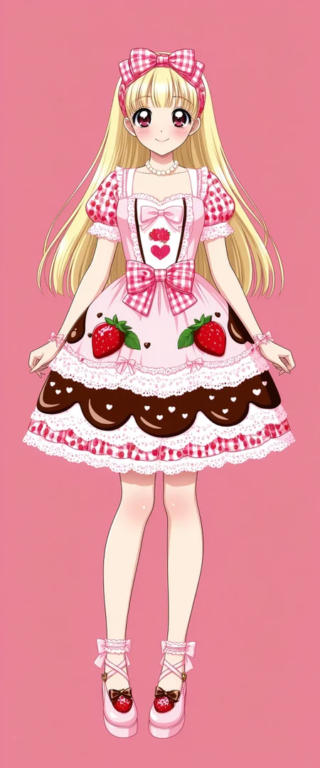 (fullbody, front facing, facing viewer) 1girl, (lolita_fashion), long hair, blonde hair, straight hair, side part, big eyes, blush, closed mouth smile, sweet_lolita, strawberry print lolita_dress, (pink and chocolate color scheme), pink dress, shiny fabric, strawberry print, heart print, bow print, checkered print, chocolate print, frilly hem, white lace hem, lace trim, layered skirt, satin bow, pink waist bow, (square neckline), lace-trimmed sleeves, puff sleeves, (pearl necklace, necklace), pink headband, ribbon headband, rose motif headband, lolita_headband, ribbon, bow, hair ribbon, (pink shoes, ankle strap shoes), cross-strap shoes, frilly, cutesy, candy-themed fashion, chocolate motif, strawberry motif, girly, sweet fashion, vintage doll aesthetic, <lora:19a618b0-9c60-490e-984c-201466b5ed8f:0.7>, <lora:d10e6385-a080-4735-a8cf-9b683731baca:0.7>, <lora:8f398b58-2a62-47d0-8ddf-536c77de0d9c:0.6>, <lora:7fa89c10-5601-4ced-9e6d-e50019f5aa4b:0.5>, <lora:ab19ebf7-99b5-4dc4-8f50-e9330005ed10:0.4>, <lora:e485f886-377e-4727-92e3-947262a0784f:0.3>, <lora:ec98a5c1-8fae-42a7-ade0-cd20988d5e84:0.3>, <lora:more_details:0.7>, , , , , , , ,