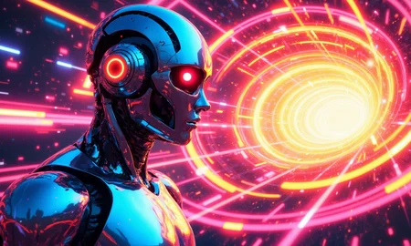 This image is a vibrant digital artwork featuring a futuristic, metallic humanoid robot with a sleek, polished surface. The robot's head is adorned with large, circular headphones, and its eyes are replaced with glowing red lenses. The robot's body is predominantly blue with reflective highlights, giving it a high-tech, cybernetic appearance. The background is a dynamic, abstract composition of concentric circles and streaks of color, creating a sense of motion and energy. The circles are filled with vivid hues of pink, orange, yellow, and blue, radiating outward from the center, resembling a cosmic or wormhole effect. The contrast between the robot's cool, metallic tones and the warm, glowing background creates a striking visual impact. The overall style of the artwork is highly detailed and realistic, with a focus on texture and depth, typical of modern digital art. The composition is balanced with the robot occupying the left side of the frame and the background taking up the right half, drawing the viewer's attention to the robot's profile and the mesmerizing, swirling background.aidmaMJ6.1