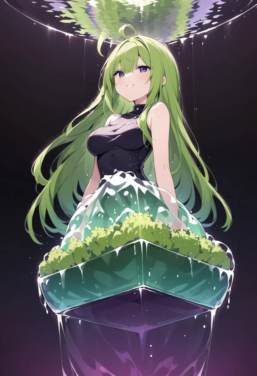 (masterpiece), (score_9, score_8_up, score_7_up,source_anime), 4K8K, best quality, high res image, illustration, Uncorrected, CG,
(girl view from below. look-up angle:1.3), from side,
1 woman sitting on a giant white grape slime, pretty white slime, (lot of white grape cubes around woman), (hair over breasts, long hair, hair censor:1.4), twinkle grape cube,
slime, slime like a white grape, white grape slime, see-through slime,
BREAK
medium breasts,
(gradient hair, green hair, very long hair, Bangs covered eyes, ahoge, hair over breasts, hair censor),
(hair blind eyes, half opened eyes, jitome, smile),
wearing tube top, cube,
in orchard, fruit orchard, fruits trees,