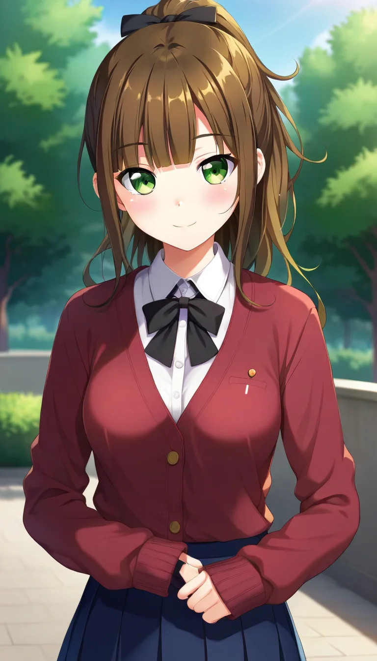 score_9,score_8_up,score_7_up,score_6_up BREAK official art,solo,outdoors,upper body,(portrait:1.5),looking at viewer,facing viewer,smile,blush,(petite:1.5),Kinoshita Yuuna,long hair,brown hair,ponytail,hair bow,black bow,hair ribbon,red ribbon,blunt bangs,green eyes,school uniform,red cardigan,white shirt,collared shirt,long sleeves,sleeves past wrists,medium breasts,blue skirt,pleated skirt,white socks,loafers,<lora:Kinoshita Yuuna(od)-Pony:1.2>,