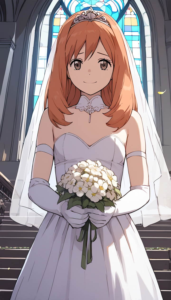 laSaki, score_9, score_8_up, score_7_up, score_6_up, score_5_up, score_4_up, source_anime, masterpiece, best quality, BREAK, 1girl, solo, long hair, brown eyes, orange hair, small breasts, BREAK, wedding dress, white dress, ball dress, elbow gloves,  ball grown, BREAK, standing, church, big windows, mosaic windows,, holding flowers, shy, front view, upper body, smile, straight on, low angle, from below