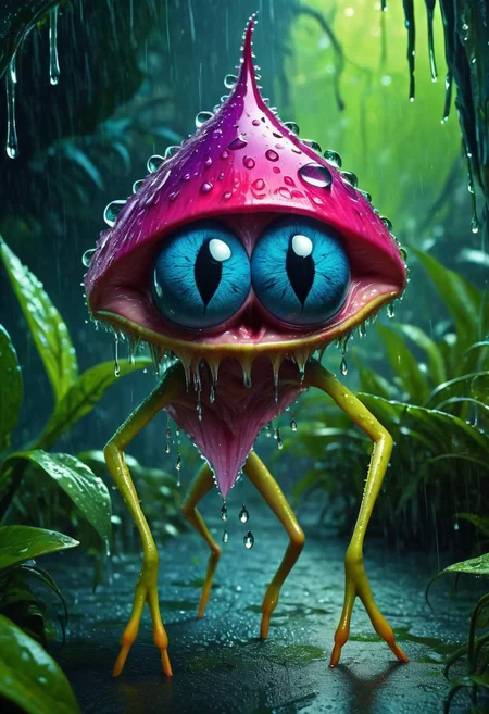 a feral intimidating raindrop with a (face body eyes mouth arms legs) with a carnivorous inspired look and vibrant scary background, in the style of concept art, uhd image, mind-bending murals, energy-filled illustrations, 3D composition. vibrant, Masterpiece, (32k), perfect anatomy, enhanced resolution, best quality, enhanced details, best artist, sharp edges, detailed textures, ((full body shot)), atmospheric lighting, visually stunning, perfect composition, trending on behance