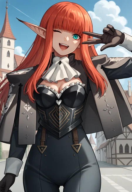 score_9, score_8_up, score_7_up, source_anime, 1girl, cowboy shot, looking at viewer, v, wink, happy, <lora:HulkenbergMRv2-pdxl:1> hbrgMR, red hair, long hair, blunt bangs, sidelocks, aqua eyes, pointy ears, white ascot, breastplate, cleavage, capelet, long sleeves, black bodysuit, black gloves, sky, cloud, village