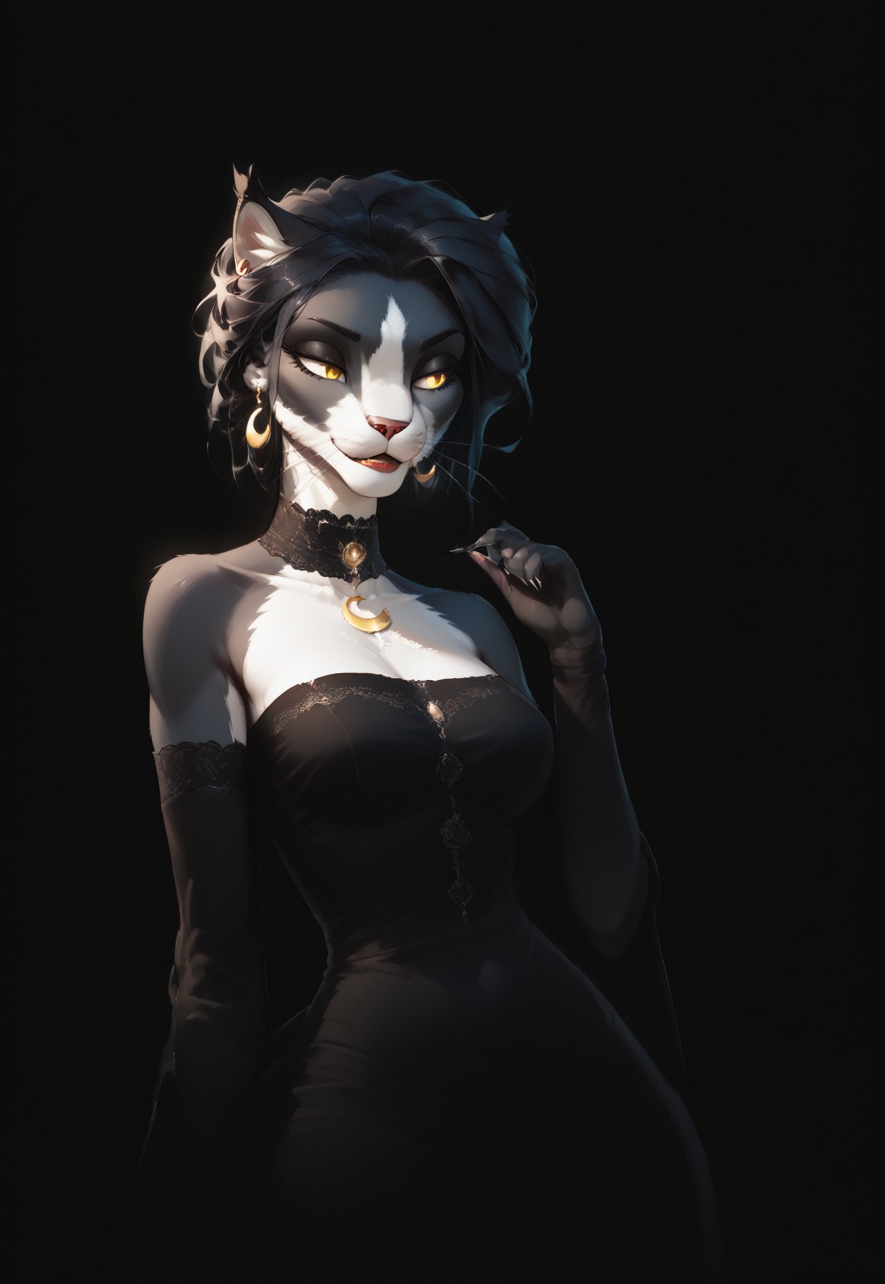 (Blend_in, black background), score_9, score_8_up, score_7_up, (high contrast, sidelightning, upper body), beautiful, 1girl, solo, Ember (ESO), Feline, Furry, Anthro, black and white fur, yellow eyes, crescent moon earrings, lace choker band, matte red lips, black evening dress, lace-trimmed elbow gloves, black clothes, bare shoulders, looking away, pulling on her gloves, hand up