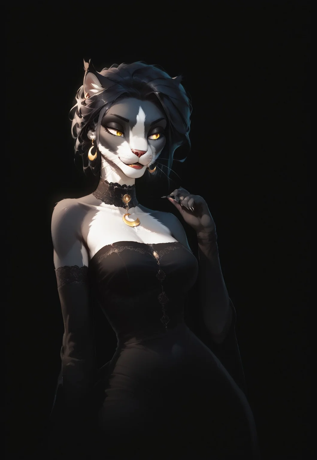 (Blend_in, black background), score_9, score_8_up, score_7_up, (high contrast, sidelightning, upper body), beautiful, 1girl, solo, Ember (ESO), Feline, Furry, Anthro, black and white fur, yellow eyes, crescent moon earrings, lace choker band, matte red lips, black evening dress, lace-trimmed elbow gloves, black clothes, bare shoulders, looking away, pulling on her gloves, hand up