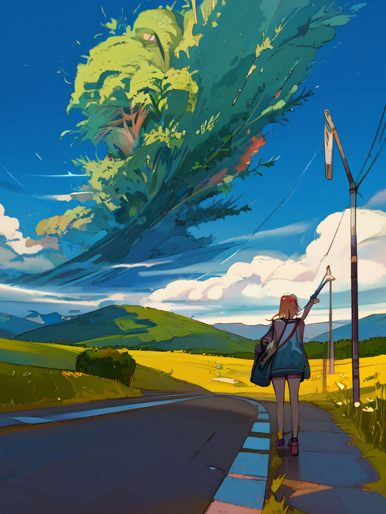 PDXL, <lora:KukkaV2:1>, kukk4, volumetric reflections, volumetric shadows, HDR, shot on Canon DSLR,
1girl, standing on a road, colorful tornado in the distance,  night sky, blue, viewed from behind