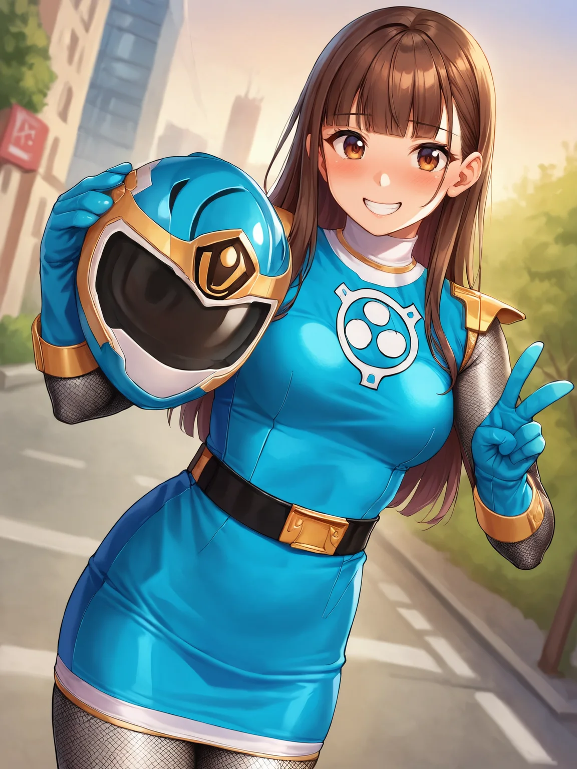 score_9, score_8_up, score_7_up, BREAK,
1girl, solo, BREAK,
sentaikageblue, shiny clothes, spandex, <lora:Kage_Blue:0.8>, BREAK,
silver bodysuit, fishnet bodysuit, bodysuit under clothes, aqua dress, shoulder pads, aqua skirt, black belt, BREAK,
aqua gloves, helmet, aqua helmet, no headwear, unworn helmet, holding helmet, BREAK,
brown hair, blunt bangs, long hair, brown eyes, medium breasts, thick thighs, BREAK,
full-face blush, (embarrassed:1.1), smile, blush, looking at viewer, standing, v, peace sign, BREAK,
dutch angle, outdoors, city, street, day, blue sky, cloudy sky
