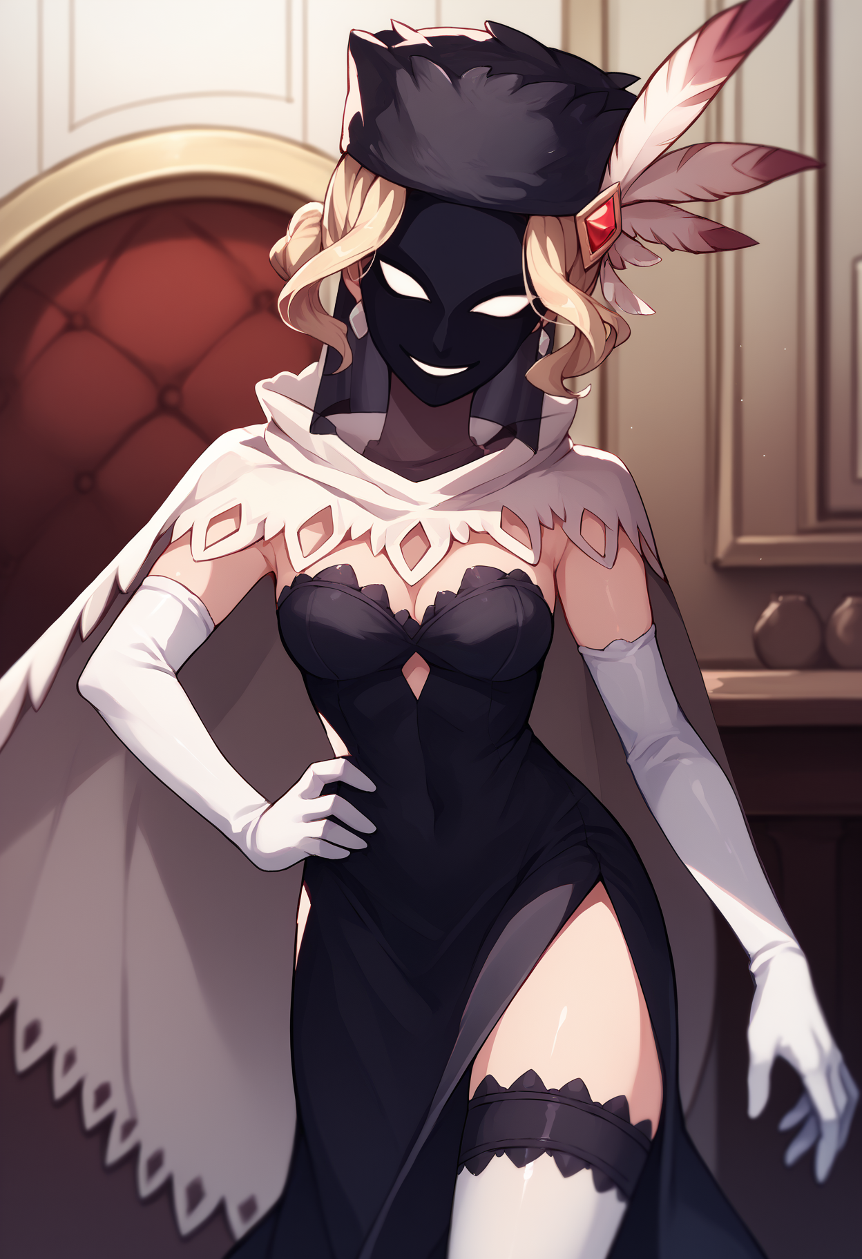 score_9, score_8_up, score_7_up, score_6_up, source_anime, solo, 1girl, blackdahlia, evil smile, looking at you, hand on own hip, short hair, blonde hair, hat feather, mask, veil, white cape, black dress, strapless dress, side slit, white gloves, elbow gloves, white thighhighs, cleavage, indoors <segment:yolo-face_yolov8m.pt,0.35,0.5>