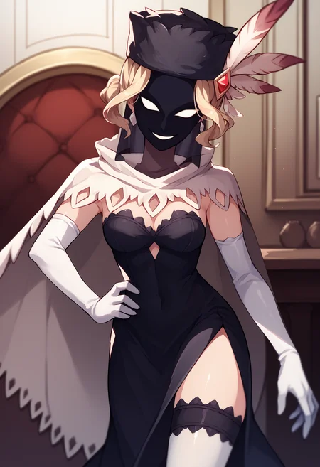score_9, score_8_up, score_7_up, score_6_up, source_anime, solo, 1girl, blackdahlia, evil smile, looking at you, hand on own hip, short hair, blonde hair, hat feather, mask, veil, white cape, black dress, strapless dress, side slit, white gloves, elbow gloves, white thighhighs, cleavage, indoors <segment:yolo-face_yolov8m.pt,0.35,0.5>