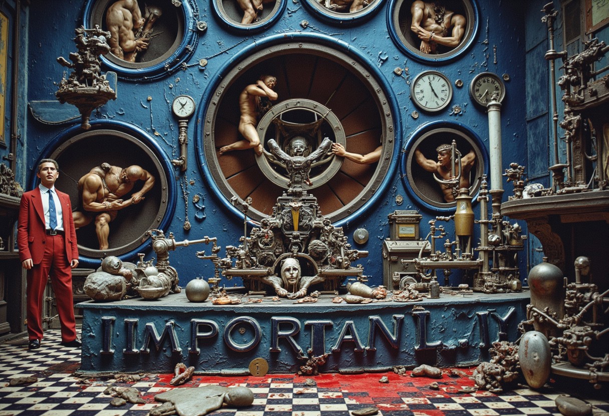 the words 'IMPORTANTLY' written in large font fills the front of frame. In the back of frame weird man with in a dark room with checkerboard blue lotus PEOPLE ARE trapped inside machinery, people crushed inside mechanical gears, high gore arms crushed and bent, signs of wailing, people in business suits trapped in machinery. floors with blood on the ground with a white interior cyber tech electricity electical circuits illuminati symbols with brains and vaginas with high technology alchemical background lightning bolts