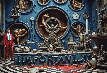 the words 'IMPORTANTLY' written in large font fills the front of frame. In the back of frame weird man with in a dark room with checkerboard blue lotus PEOPLE ARE trapped inside machinery, people crushed inside mechanical gears, high gore arms crushed and bent, signs of wailing, people in business suits trapped in machinery. floors with blood on the ground with a white interior cyber tech electricity electical circuits illuminati symbols with brains and vaginas with high technology alchemical background lightning bolts